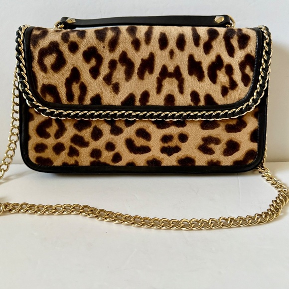 Henri Bendel Leopard Calf Hair Crossbody/ Shoulder Bag Purse Gold Chain - Picture 3 of 12